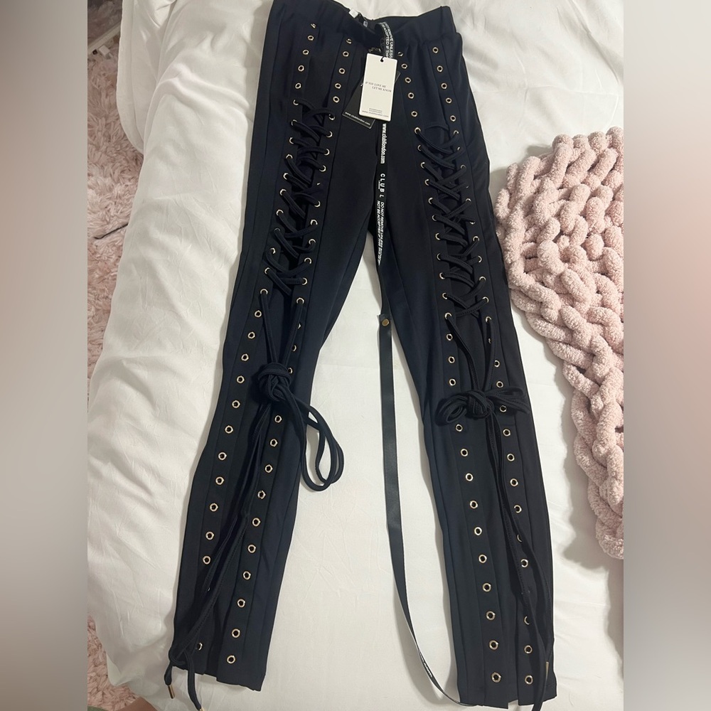 Club L London Black Eyelet and Lace-Up Detail Leggins